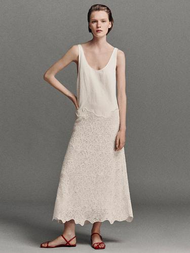 Zara Cotton blend flounce midi dress - White