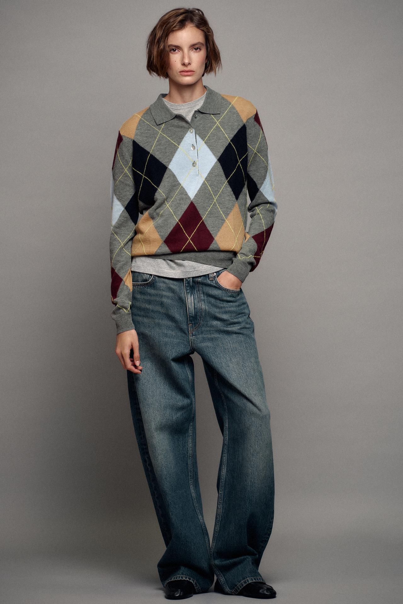 100% WOOL ARGYLE POLO JUMPER — Multicoloured