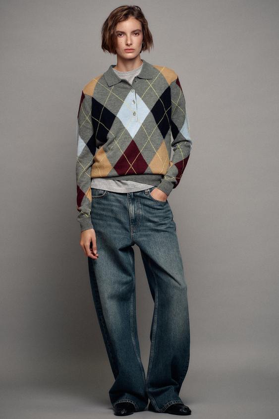 100% WOOL ARGYLE POLO JUMPER - Multicoloured by Zara - Image 0