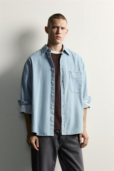 EMBROIDERED RELAXED FIT DENIM SHIRT - Sky blue by Zara