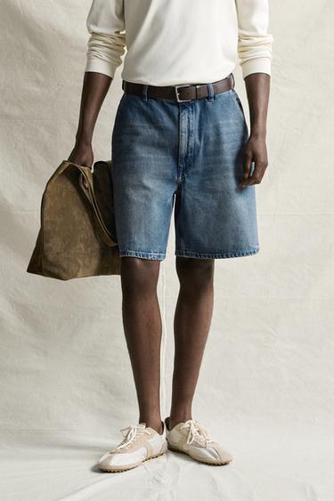 WAXED-EFFECT DENIM BERMUDA SHORTS — Mid-blue 2