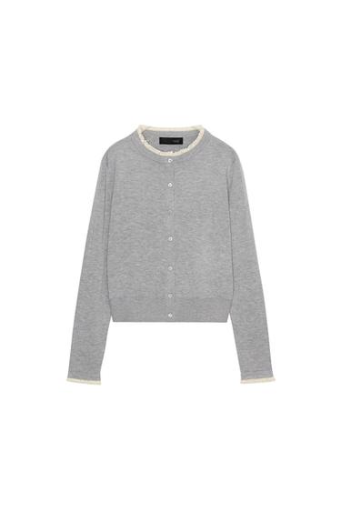 GILET EN MAILLE AVEC FINITIONS EN DENTELLE - Gris perle de Zara