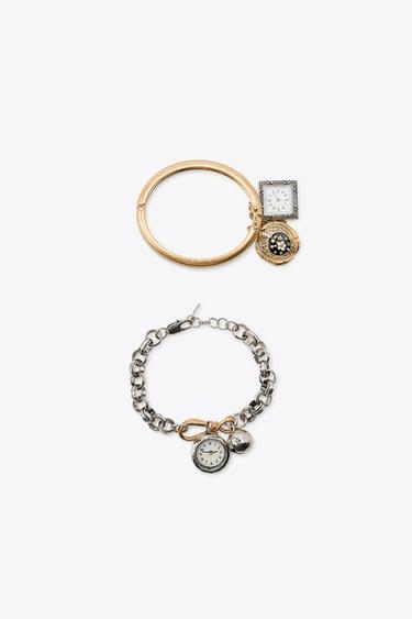 PACK OF 2 COMBINED BRACELETS WITH CLOCK AND BELL CHARMS - Gold / Silver by Zara