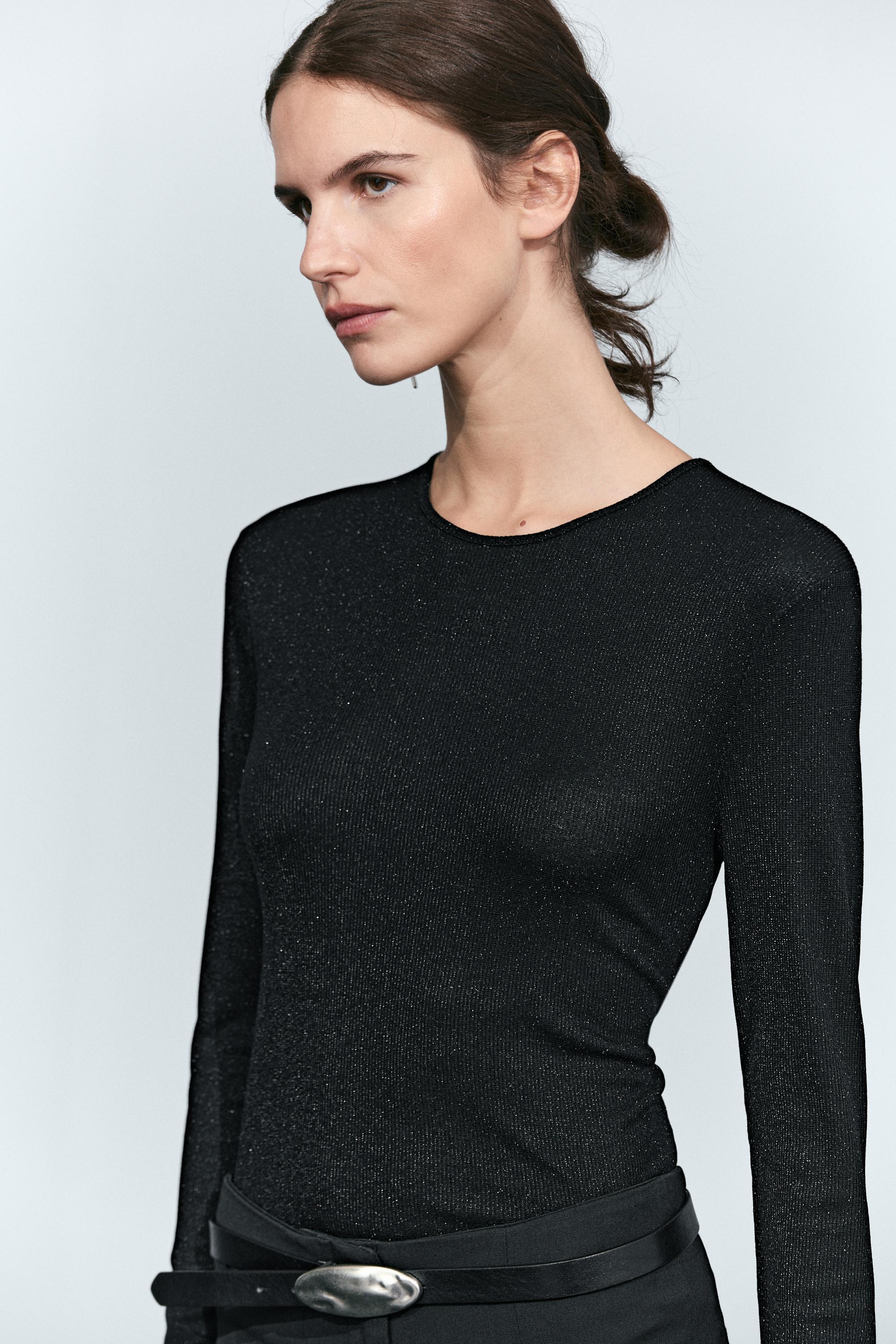 Metallic ribbed long sleeve T-shirt