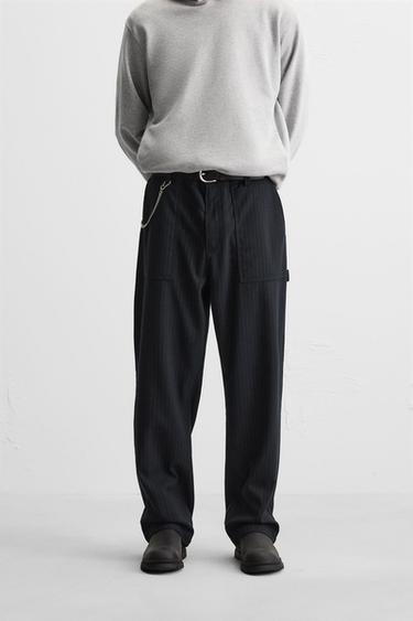 Zara PINSTRIPE CARPENTER POCKET PANTS - Navy blue