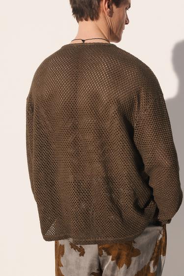 KNIT HENLEY CROCHET T-SHIRT - Brown by Zara - Image 2