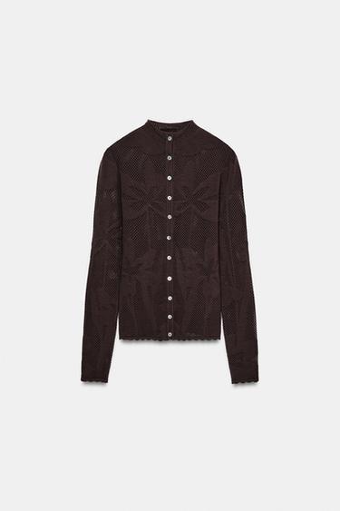 Zara JACQUARD KNIT CARDIGAN - Brown