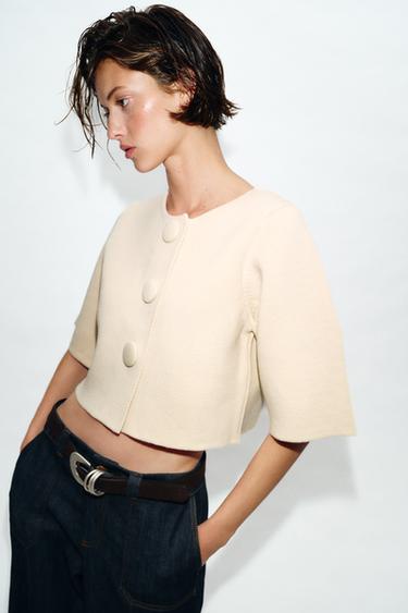Zara CROPPED KNIT JACKET - Ecru