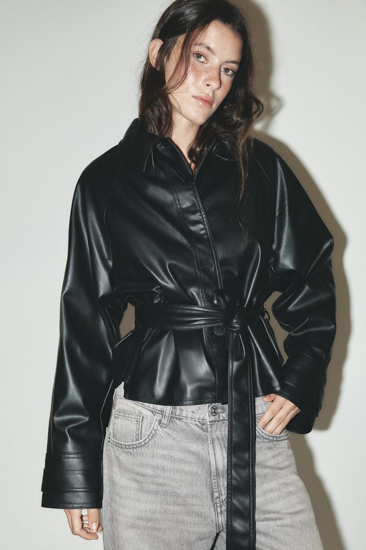 FAUX LEATHER BELTED JACKET
