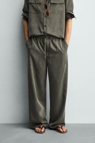 Zara RELAXED FIT FLOWY PANTS - Dark khaki