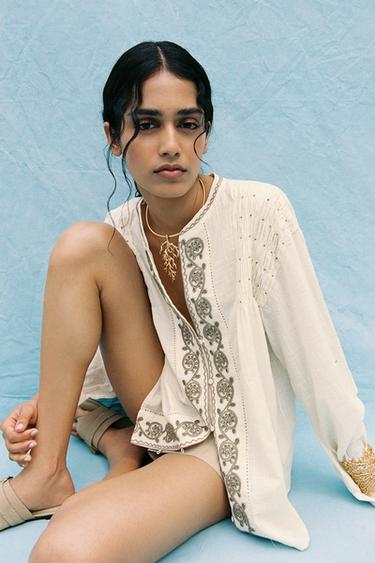 EMBROIDERED BEADED BLOUSE - Ecru / Green by Zara