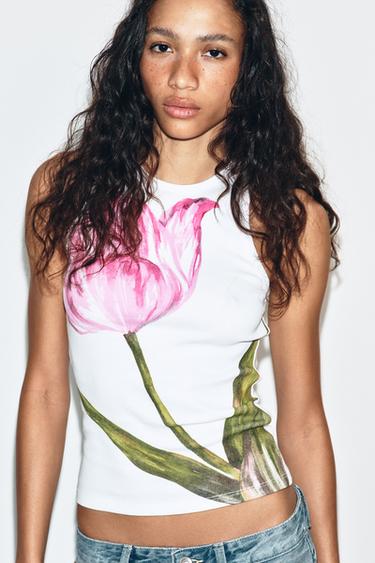 Zara FLORAL PRINT T-SHIRT - White