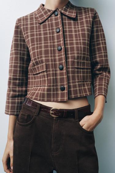 VESTE EN MAILLE À CARREAUX - Marron / Écru de Zara - Image 4