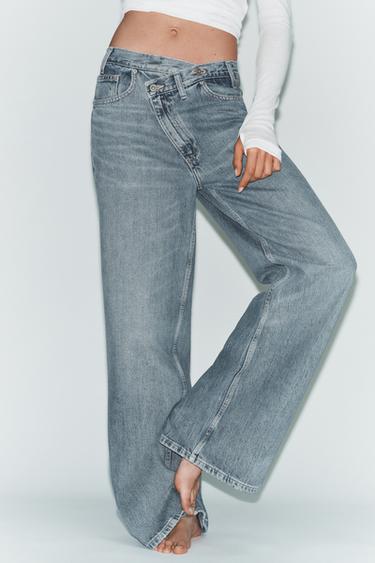 TRF WIDE-LEG CROSSED WAIST HIGH-WAIST JEANS - Mid-blue by Zara