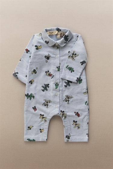 Zara MICKEY & MINNIE © DISNEY FLANNEL BABY FOOTED ROMPER - Light blue