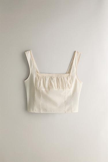 Zara GATHERED LACE COTTON TOP - Pink - Image 0