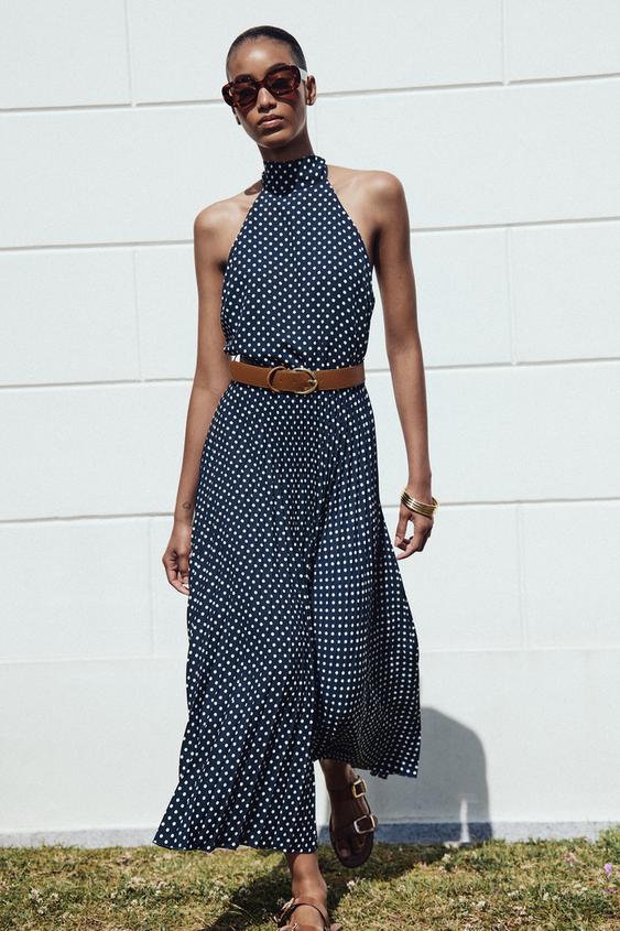 POLKA DOT HALTER MIDI DRESS WITH BELT Navy blue ZARA India