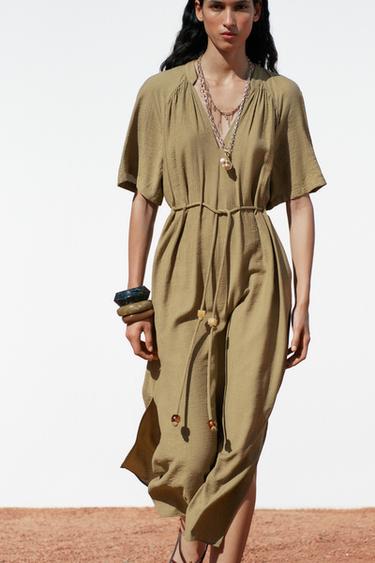 MIDI DRESS WITH BEADED BELT - Khaki by Zara - Image 2