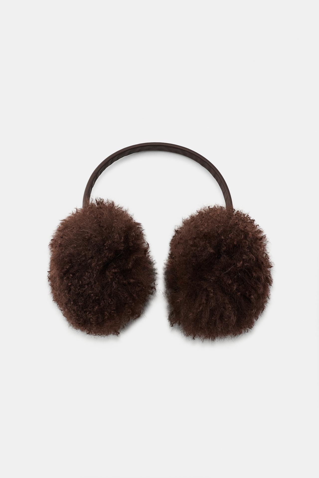 100% LEATHER FAUX FUR EARMUFFS — Brown