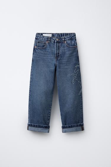 LOOSE FIT JEANS WITH EMBROIDERED HORSE - Mid-blue by Zara