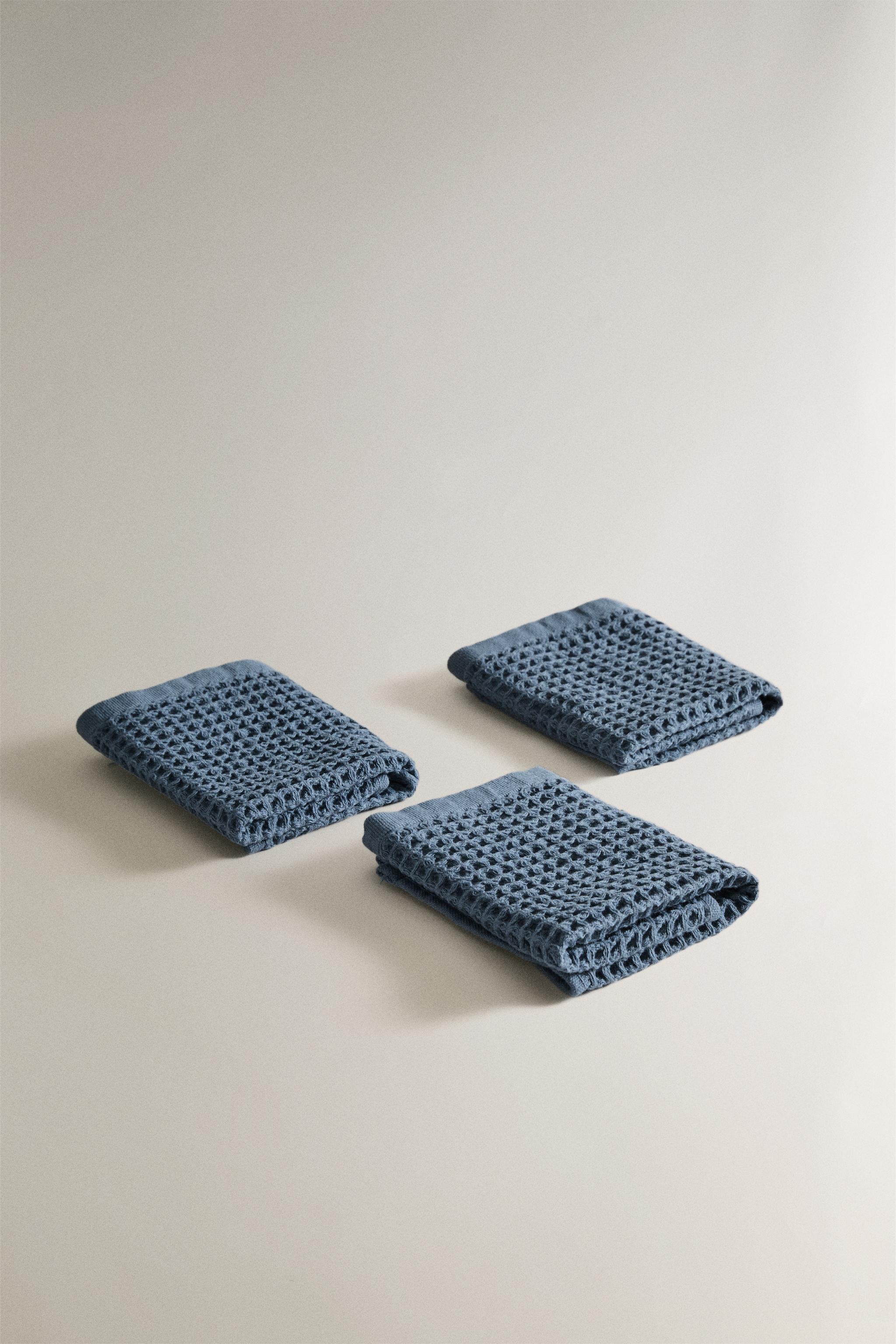 WAFFLE COTTON HAND TOWEL (PACK OF 3) — Dusty blue