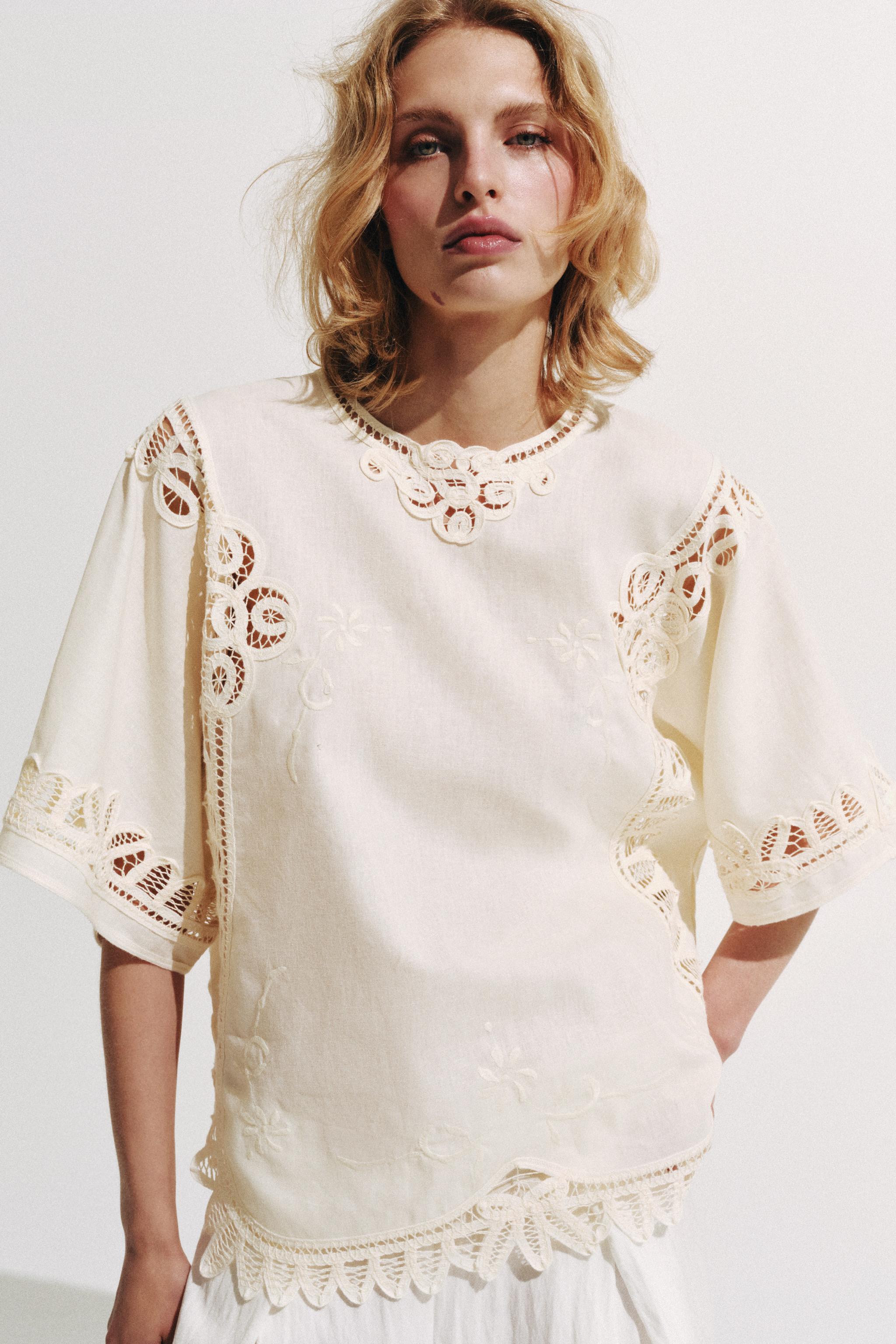 LINEN BLEND EMBROIDERED BLOUSE ZW COLLECTION — Ecru (alternate view)
