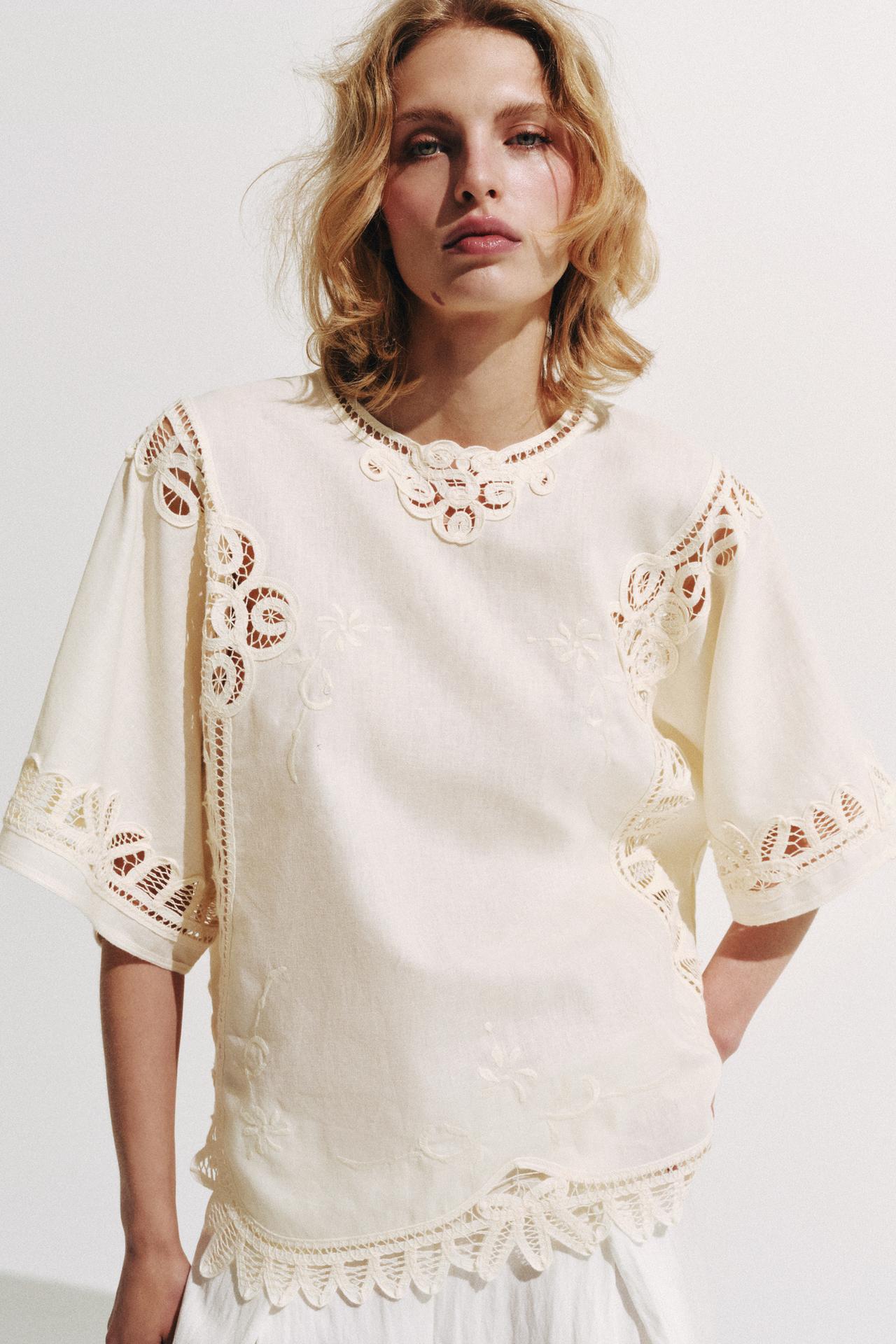 LINEN BLEND EMBROIDERED BLOUSE ZW COLLECTION — Ecru