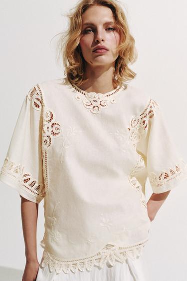 ZW COLLECTION EMBROIDERED LINEN BLEND BLOUSE - Ecru by Zara