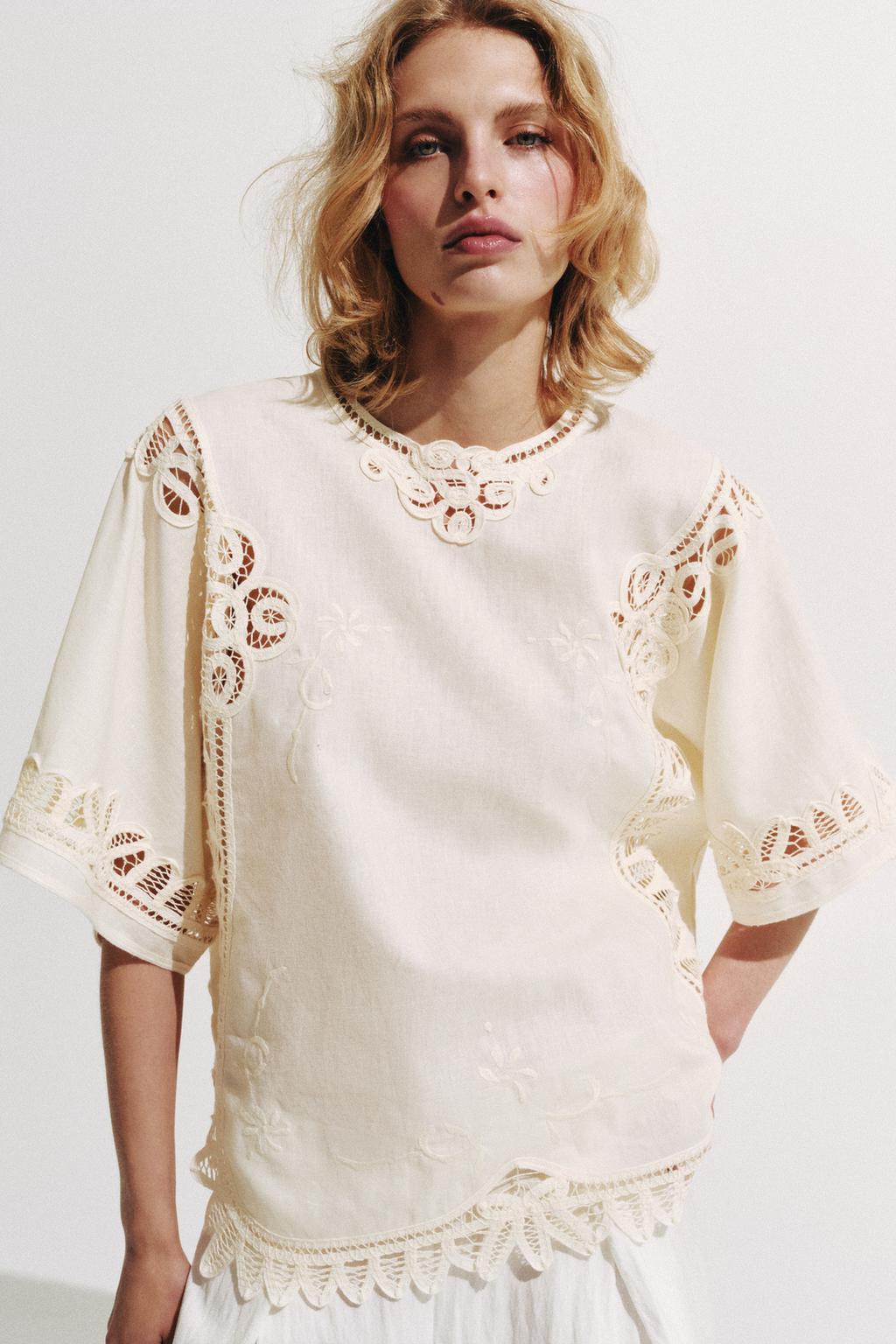 ZW COLLECTION EMBROIDERED LINEN BLEND BLOUSE