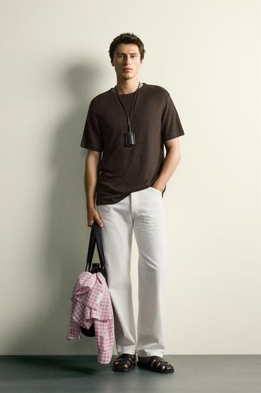 Zara HEMP-VISCOSE REGULAR FIT T-SHIRT - Dark brown