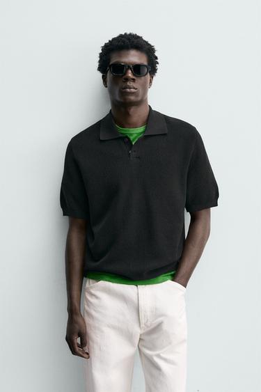 Zara REGULAR FIT TEXTURED KNIT POLO - Black