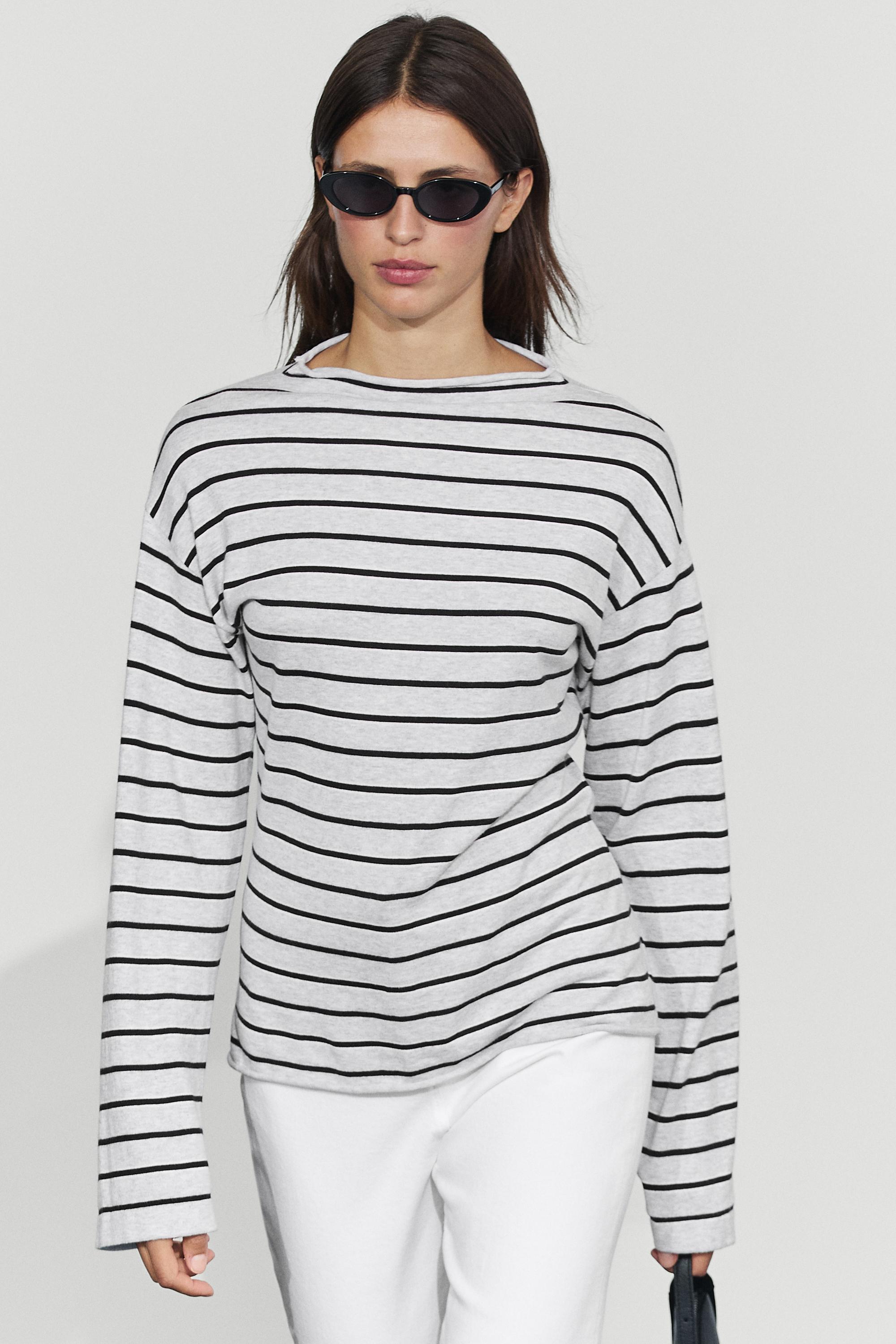 100% cotton striped knit sweater — Gray marl