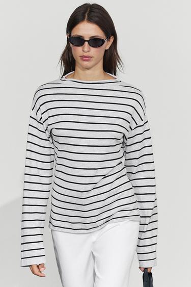 Pull en maille à rayures 100 % coton - Gris chiné de Zara
