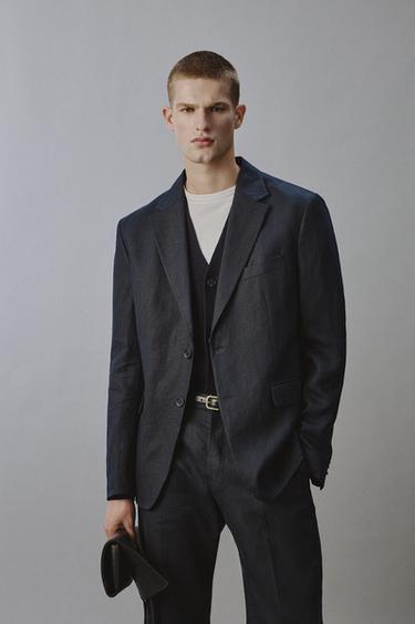 Zara 100% LINEN SUIT JACKET - Navy blue