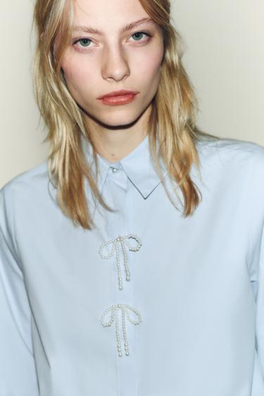 SHIRT WITH FAUX PEARL BOW - Light blue by Zara
