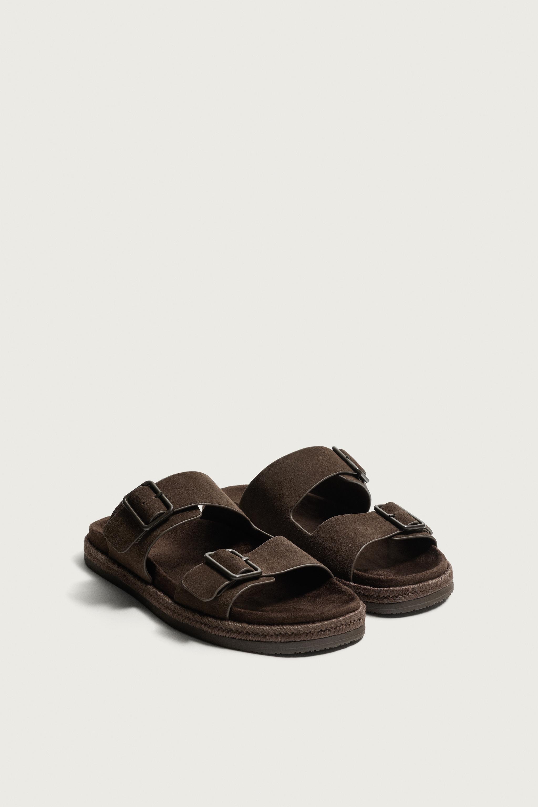 DOUBLE STRAP LEATHER SANDALS — Chocolate