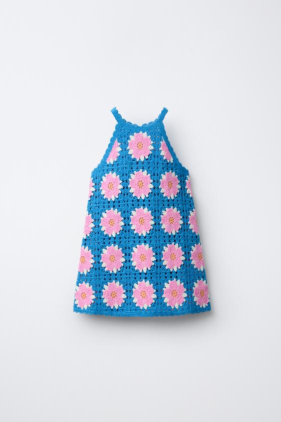 VESTIDO DE TRICÔ DE CROCHÊ COM FLORES - Azul-elétrico da Zara - Imagem 0