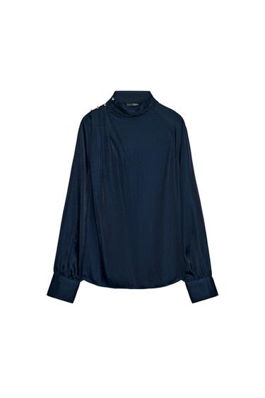 BLUSA SATINADA CUELLO DRAPEADO - Marino de Zara