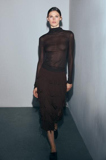 ZW COLLECTION FRINGED PENCIL SKIRT - Brown by Zara