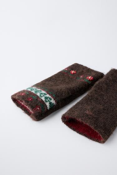KNITTED MITTEN GLOVES WITH FLOWERS AND BEADS - Brown by Zara - Image 1