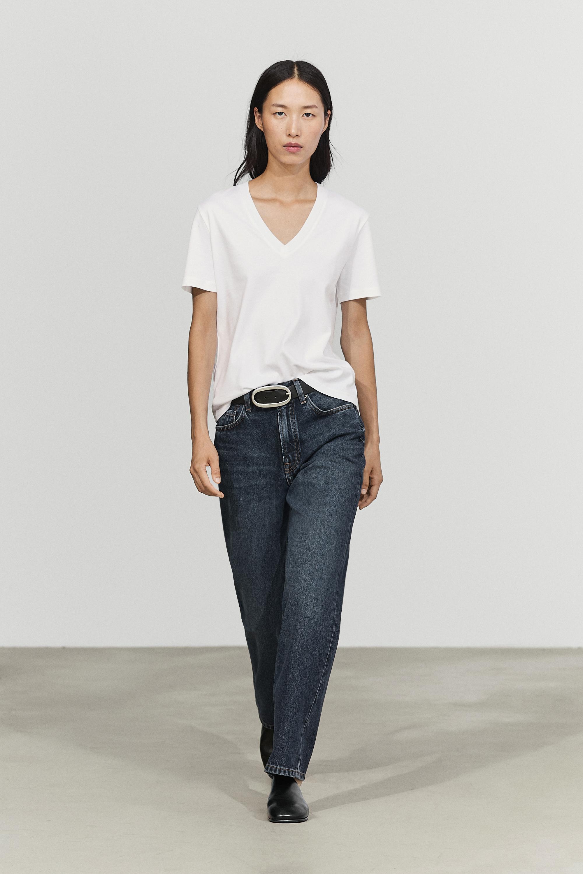 T-shirt interlock col en V 100 % coton
