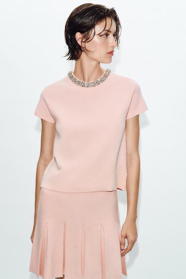 TOP EN MAILLE AVEC FANTAISIE BIJOU - Rose pastel de Zara - Image 1