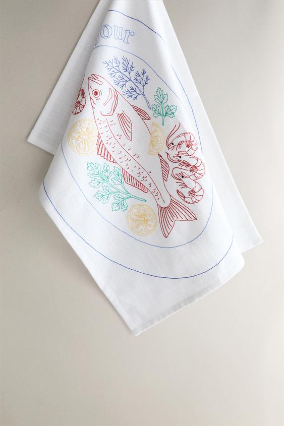 Zaras KÖKSHANDDUK MED FISKTRYCK - Vit - Bild 0