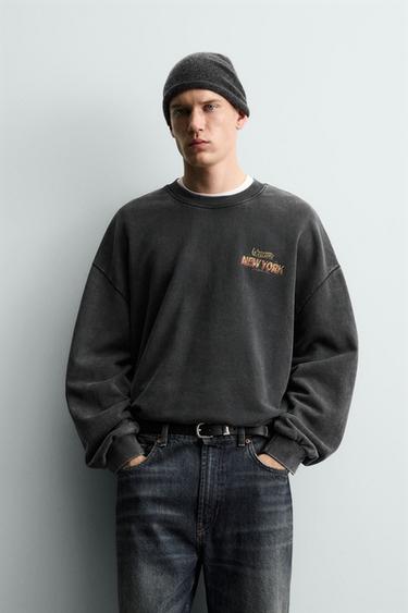 WASHED SWEATSHIRT WITH SLOGAN PRINT - Anthracite grey by Zara