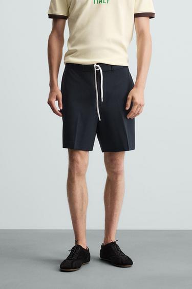 Zara REGULAR FIT DRAWSTRING BERMUDA SHORTS - Navy blue