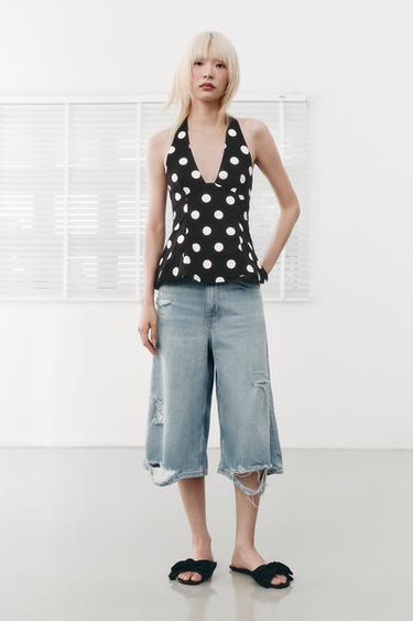 Zara TRF 破損感低腰百慕達牛仔短褲 - 藍色