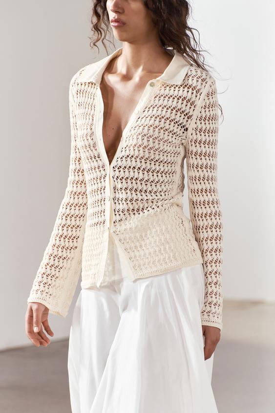 Zara Womens Sequin Collar Cardigan Sweater M Wool  White knit cardigan,  Collar cardigan, Dress shirts for women