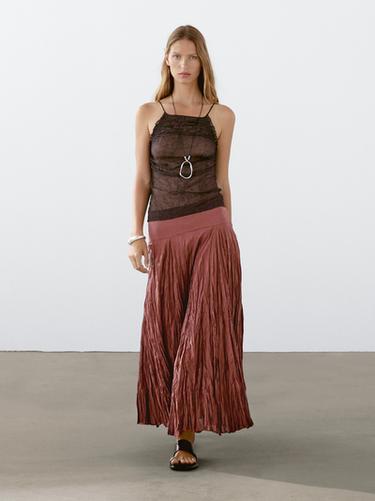Zara Long 100% cotton pleated skirt - Russet
