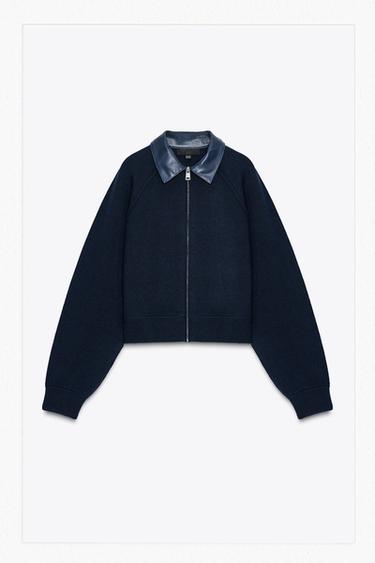 Zara FAUX LEATHER COLLAR BOMBER JACKET - navy