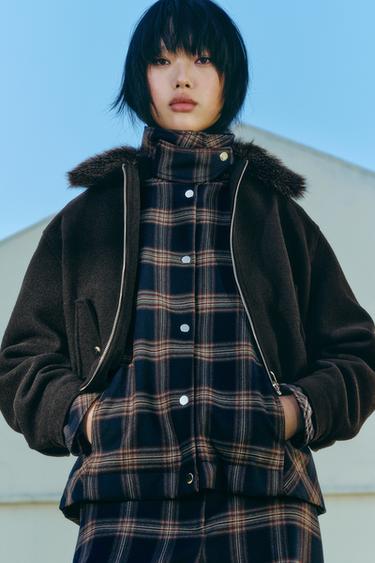 Zara 人造皮草翻領飛行員夾克 - 黑色